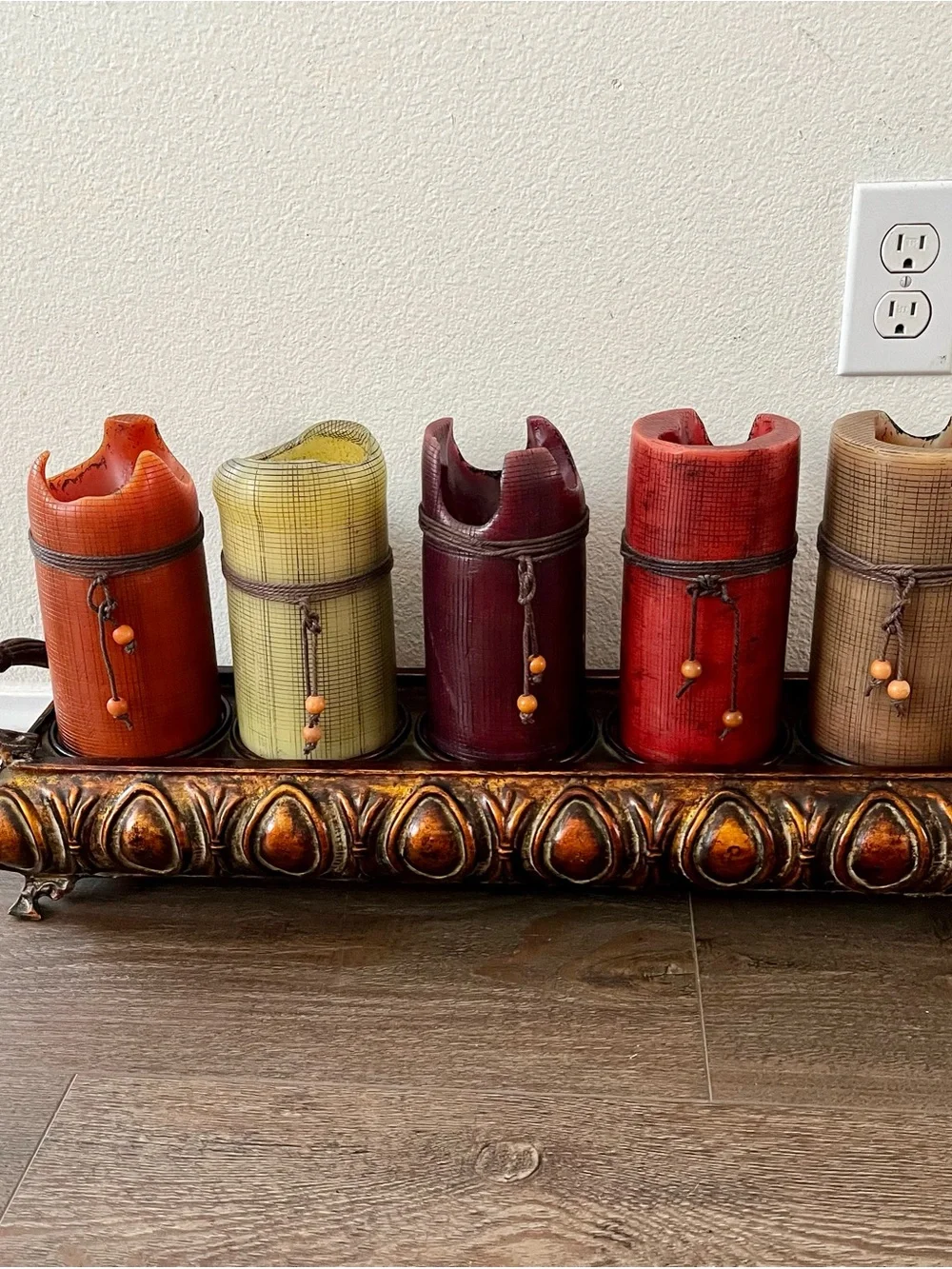 Decorative Multicolor Pillar Candle Set with Ornate Tray